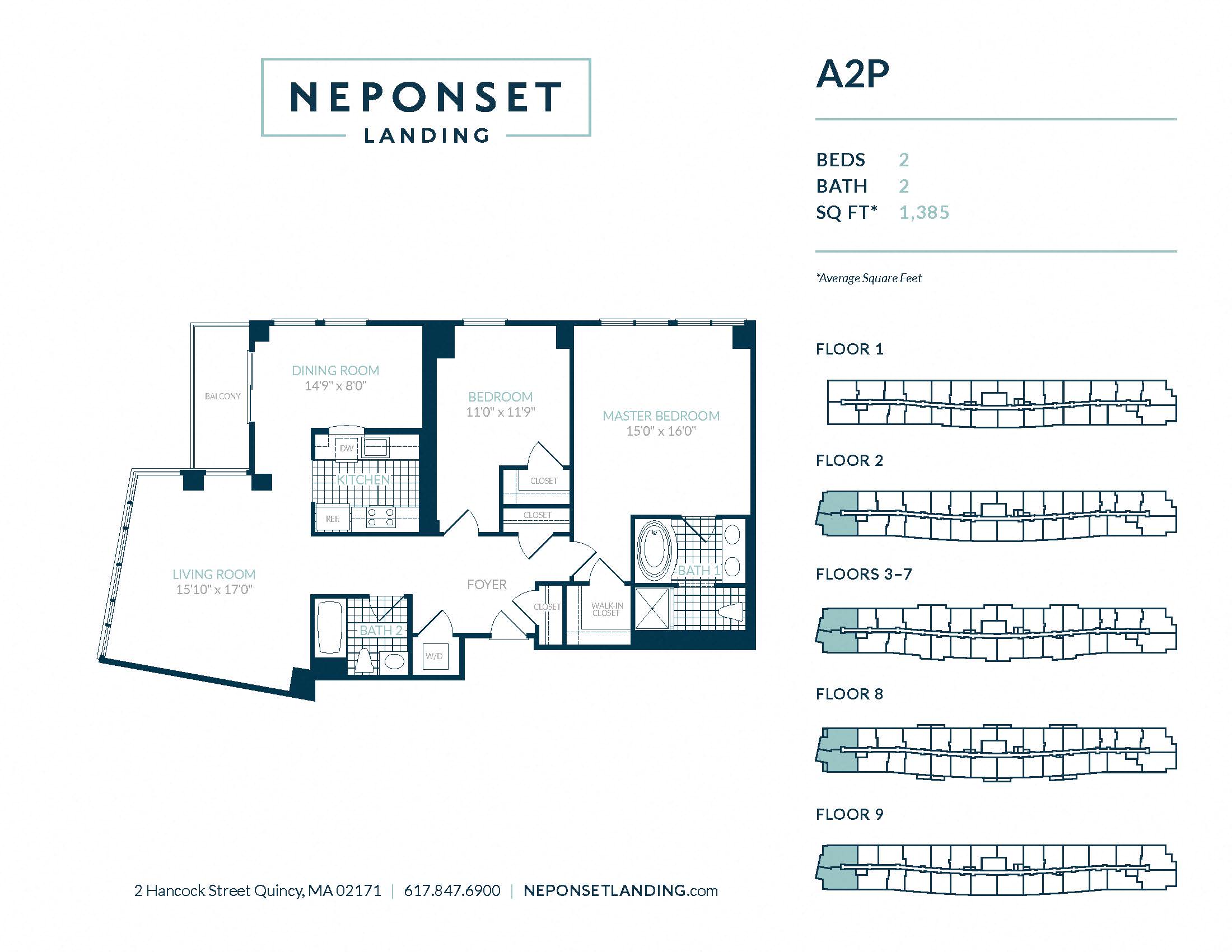 Floor plan for 2 beds, 2 baths, 1385 sqft